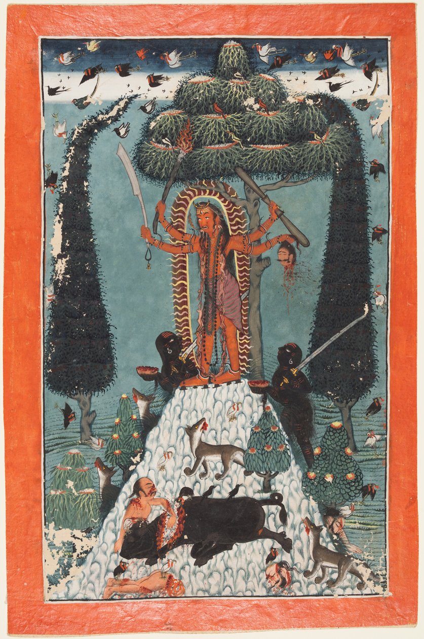 देवी काली एक पर्वत पर खड़ी हैं, c. 1730. द्वारा मंडी के दरबार के मास्टर