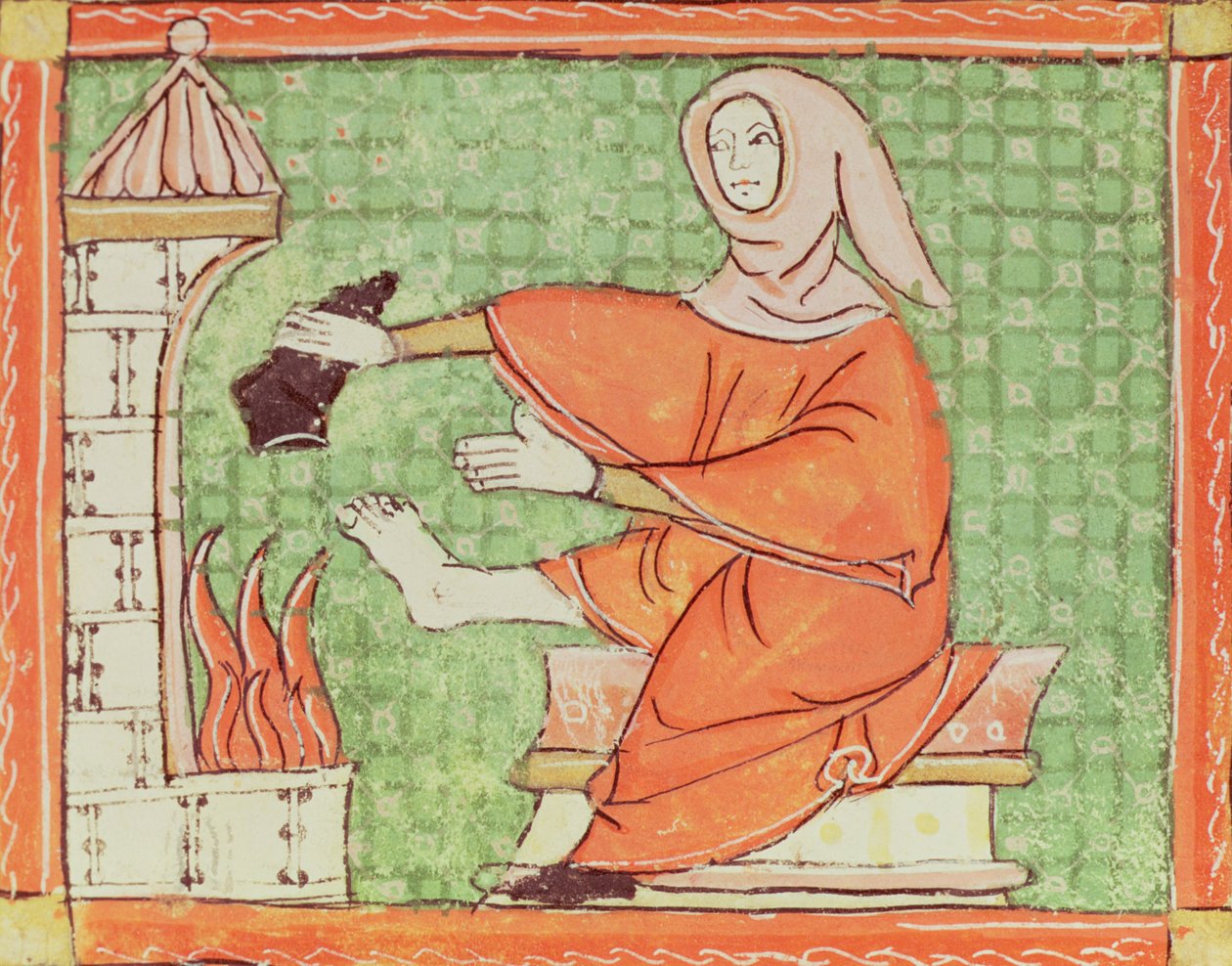 Fol.58r फरवरी: वार्मिंग द फायर (वेल्लम) द्वारा मैटफ़्रे एर्मेंगौट