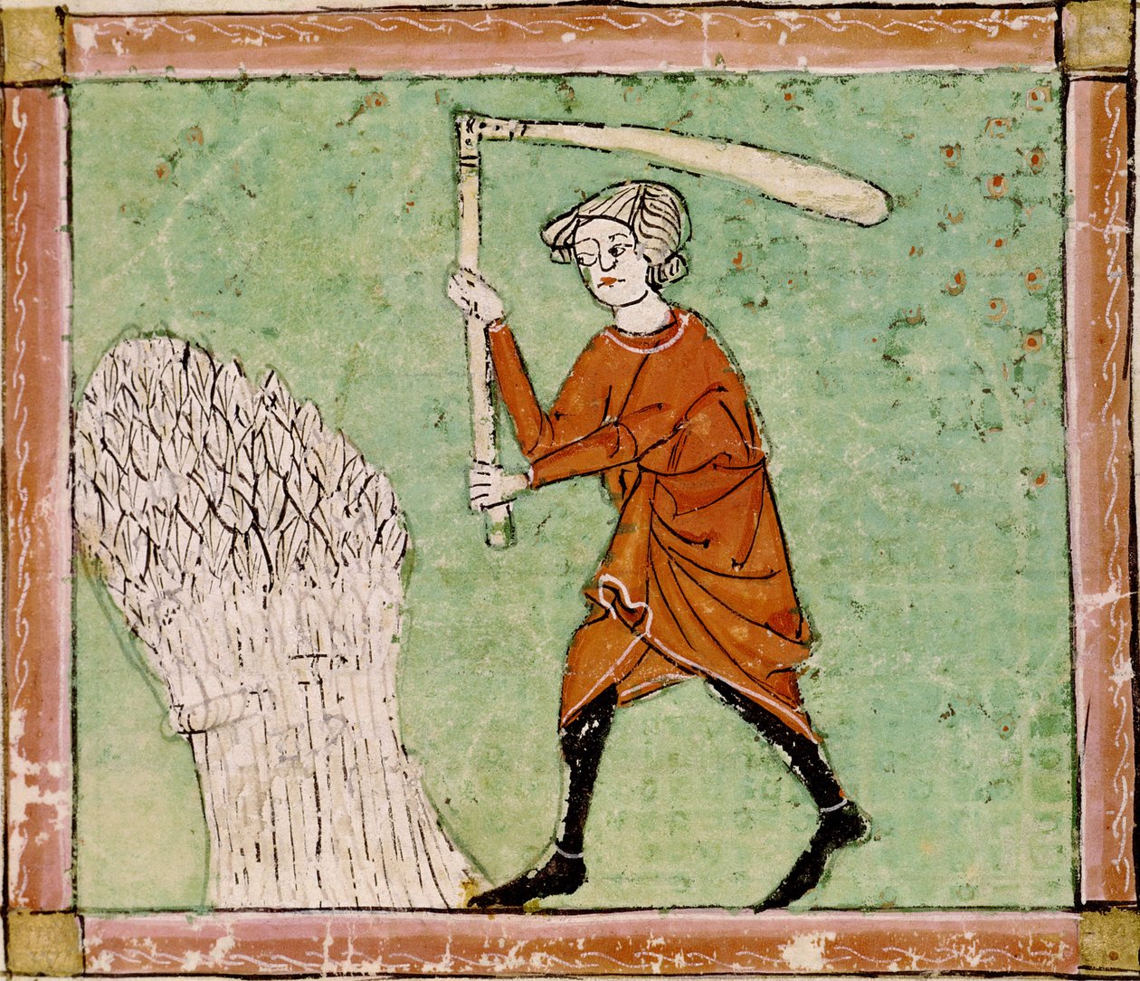 Fol.59r अगस्त: थ्रेसिंग गेहूं द्वारा मैटफ़्रे एर्मेंगौट