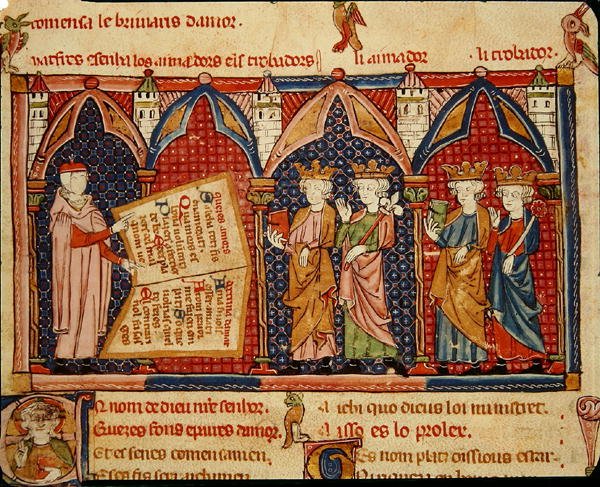 Fol.5v मास्टर Ermengaut अपनी पुस्तक को चार राजाओं को प्रस्तुत करते हैं द्वारा मैटफ़्रे एर्मेंगौट