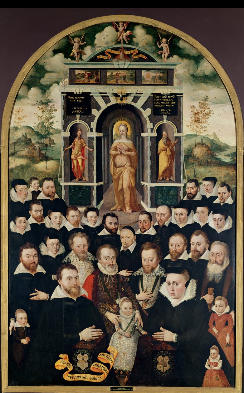 वर्जिन, हेनरी चतुर्थ (1553-1610) और कोर्टीर्स, डोनर्स, उनकी पत्नी और उनके परिवार के सदस्यों को दर्शाती शैतानी पैनल द्वारा मथिउ प्रीयर