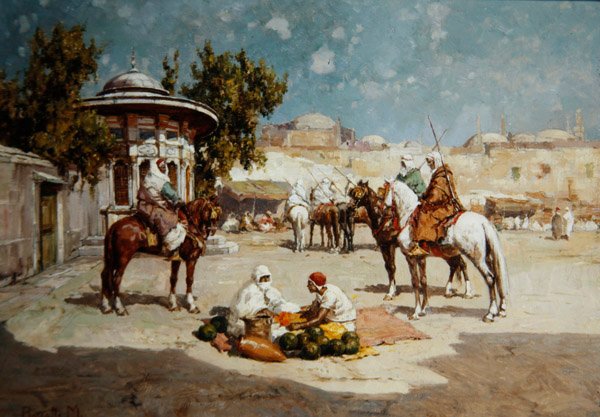 मार्केट स्क्वायर में अरब योद्धा, c.1910 (पैनल पर तेल) द्वारा माटेओ डा एंजेलो रोसोटी