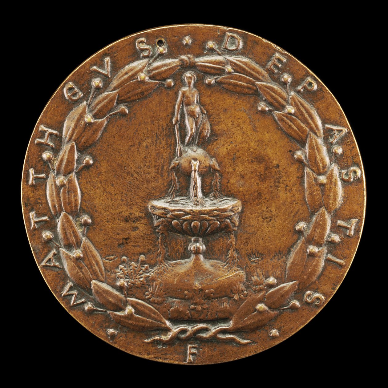 एक नग्न पुरुष आकृति [रिवर्स] द्वारा स्थापित फव्वारा, c. 1446. द्वारा मत्तेओ दी एंड्रिया डे पास्टी