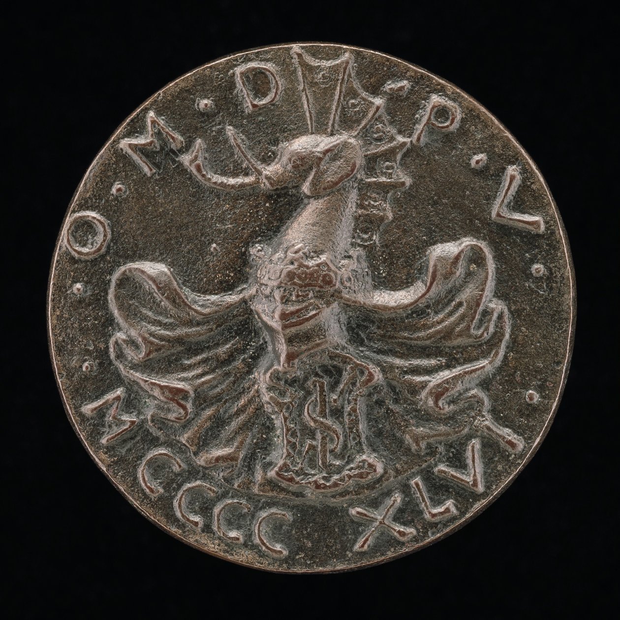 शील्ड, हेलमेट, एलिफेंट-क्रेस्ट, और मैन्टलिंग [रिवर्स], 1446। द्वारा मत्तेओ दी एंड्रिया डे पास्टी
