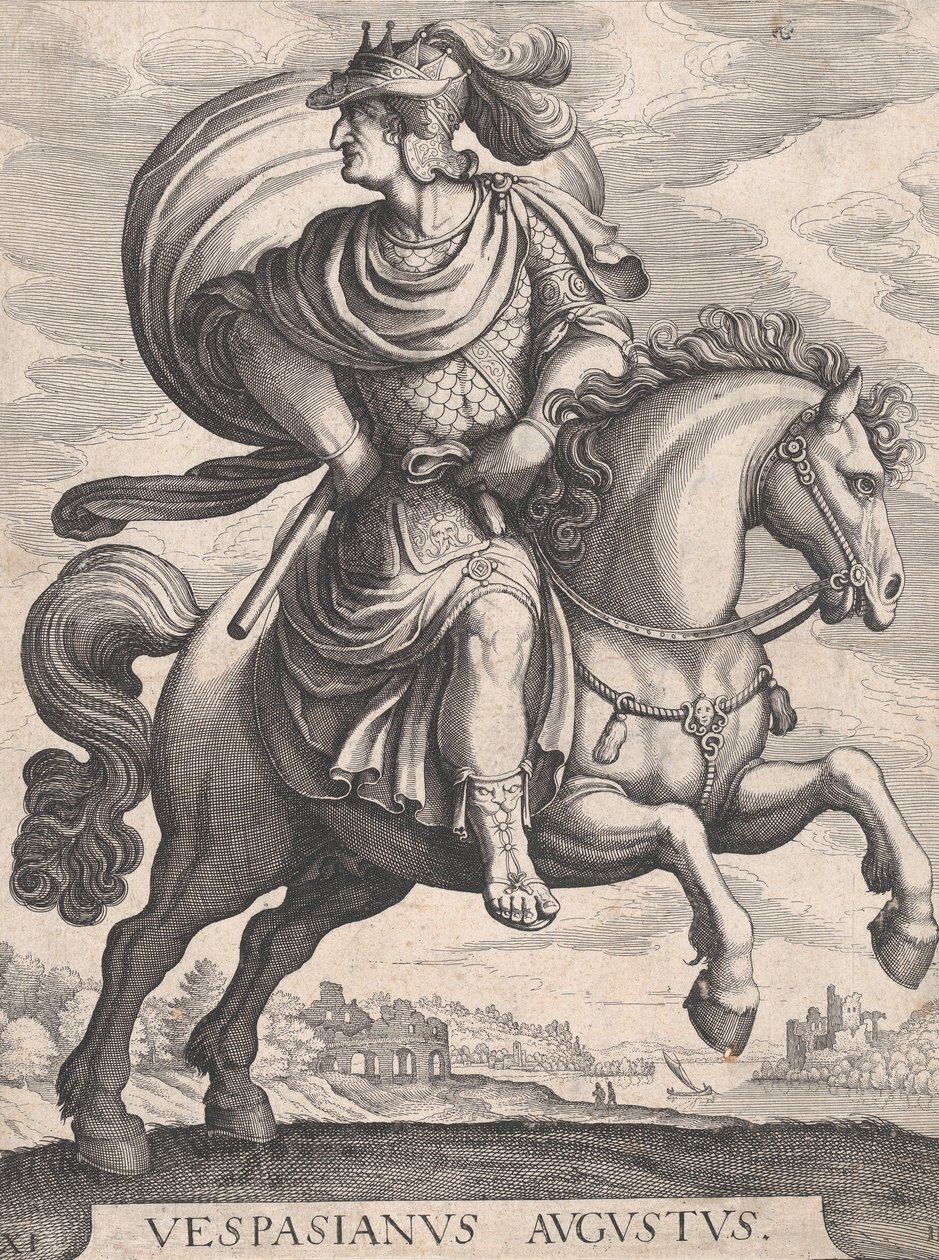 हॉर्सबैक पर सम्राट वेस्पासियन, श्रृंखला द फर्स्ट ट्वेल्व रोमन कैसर से, प्लेट 1..., 1610-50। द्वारा मैथौस मेरियन