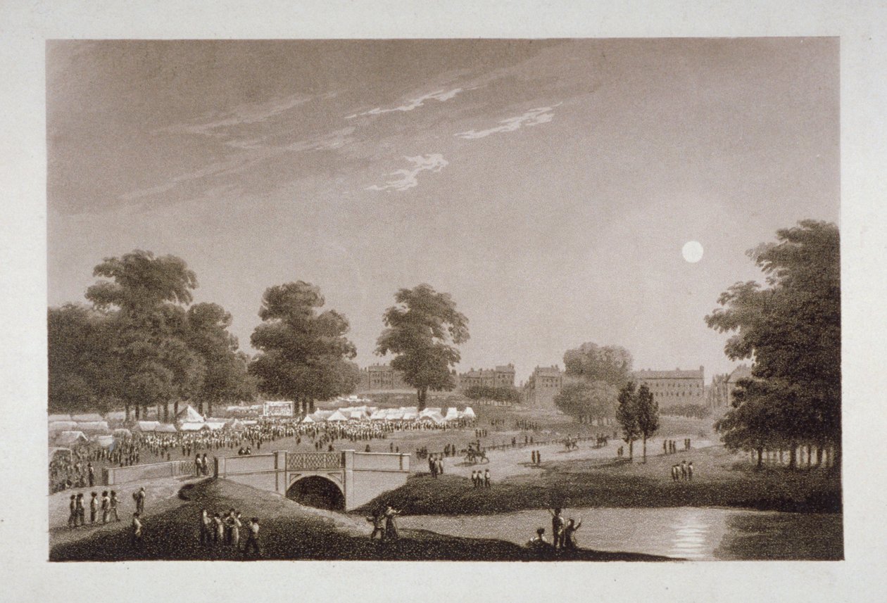सर्पेंटाइन और हाइड पार्क, लंदन, 1814 का दृश्य। द्वारा मैथ्यू डबबर्ग