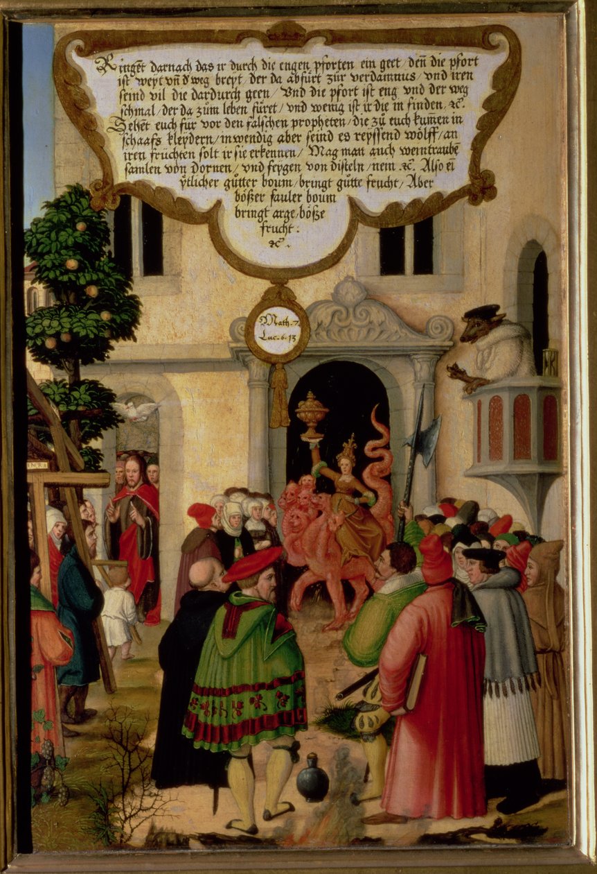 &39;झूठे नबियों से सावधान; वे भेड़ों की आड़ में आपके पास आते हैं, लेकिन दिल से वे भयंकर भेड़िये हैं &39;(मैथ्यू 7 v.15, ल्यूक 6 v.13), मसीह के शिक्षण का उदाहरण, टी से विंग पैनल का अनुभाग द्वारा मथायस गेरुंग या गेरौस