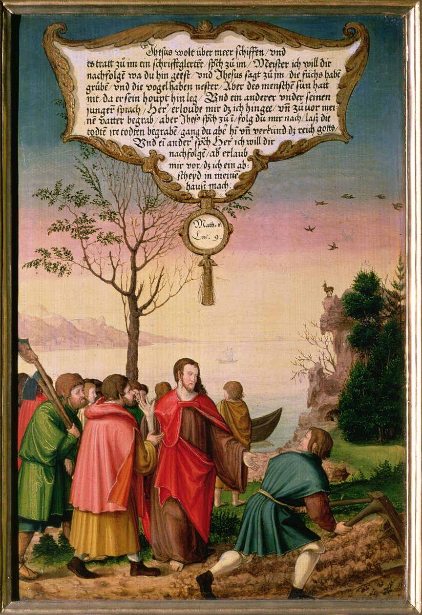 &39;कोई भी भगवान के शासन का कोई फायदा नहीं है, जो अपना हाथ हल पर रखता है और फिर उसके पीछे दिखता है&39;, मसीह ने अपने शिष्यों को पढ़ाते हुए (ल्यूक 9 v.62), मॉम्पेलगार्टर अल्टारपीस से विंग पैनल का अनुभाग ( द्वारा मथायस गेरुंग या गेरौस