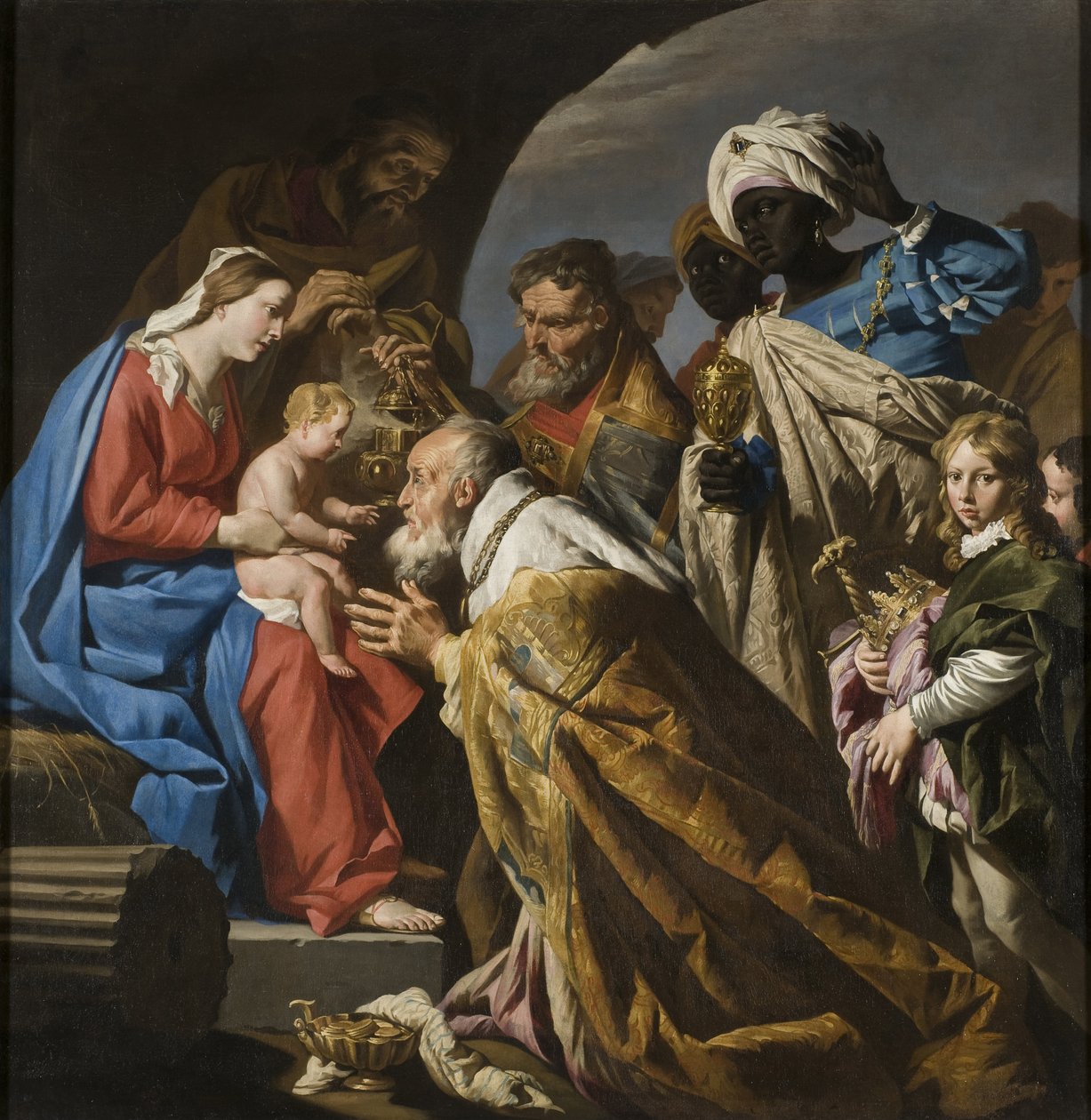L'adoration des mages - The Adoration of the Magi, Stomer, Matthias द्वारा (ca.1600-1650 के बाद)। कैनवास पर तेल, १६३० के दशक की शुरुआत में। आयाम: 175x172 सेमी। राष्ट्रीय संग्रहालय स्टॉकहोम द्वारा माथियास (c.1600 p.1650) स्टोमर