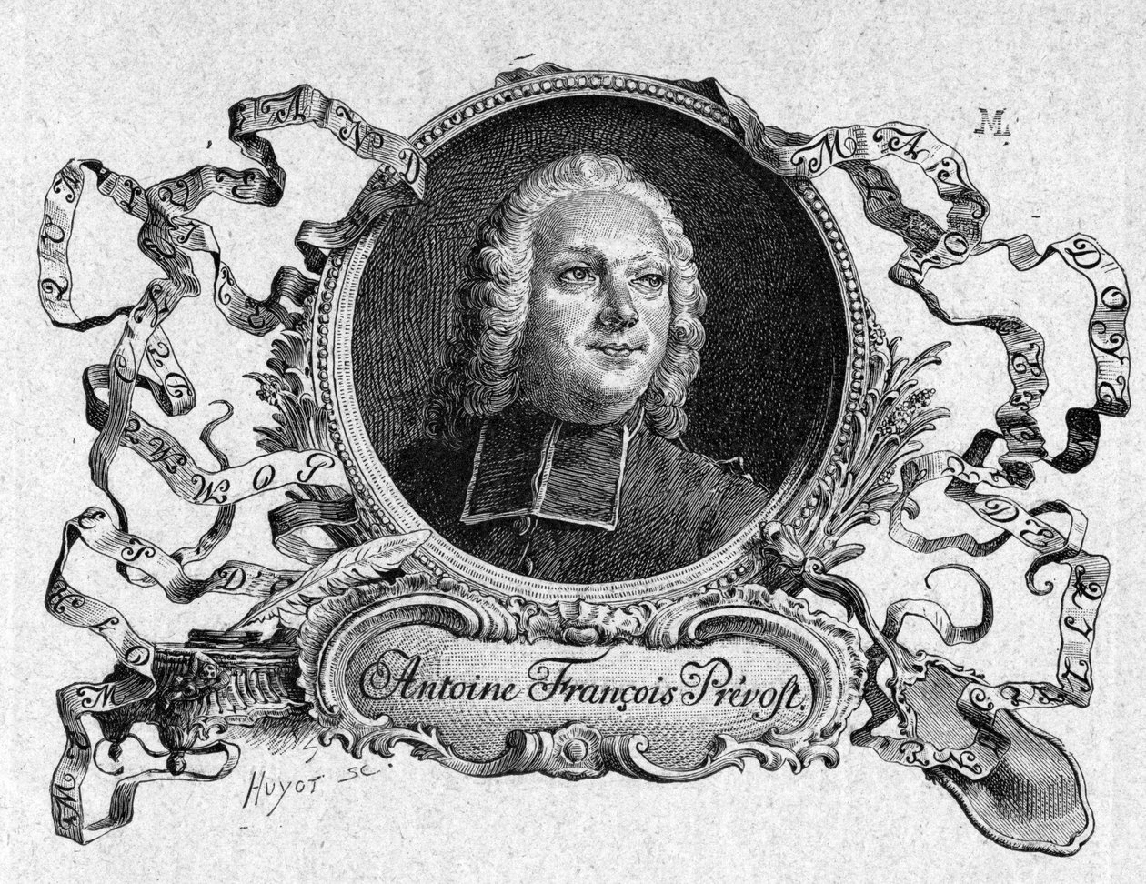 एबॉट प्रीवोस्ट (1697-1763), फ्रांसीसी लेखक, "द स्टोरी ऑफ़ द शेवेलियर डेस ग्रिएक्स एंड मैनन लेस्कॉट" में। मौरिस लेलोइर (1885) द्वारा चित्र के बाद उत्कीर्णन। द्वारा मौरिस लेलोइर