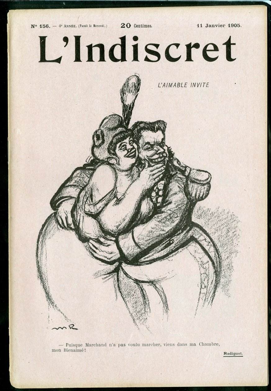 "L'Indiscret" का कवर, B & W . में व्यंग्य द्वारा मौरिस रेडिगेट