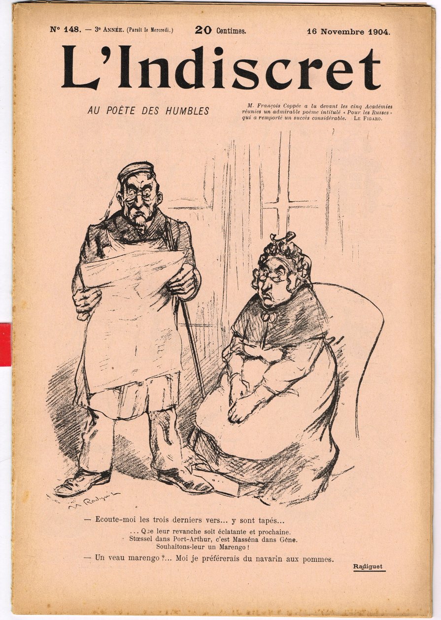 "L'Indiscret" का कवर, B & W . में व्यंग्य द्वारा मौरिस रेडिगेट