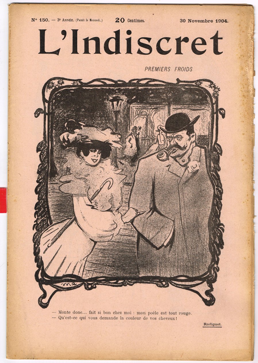 "L'Indiscret" का कवर, B & W . में व्यंग्य द्वारा मौरिस रेडिगेट