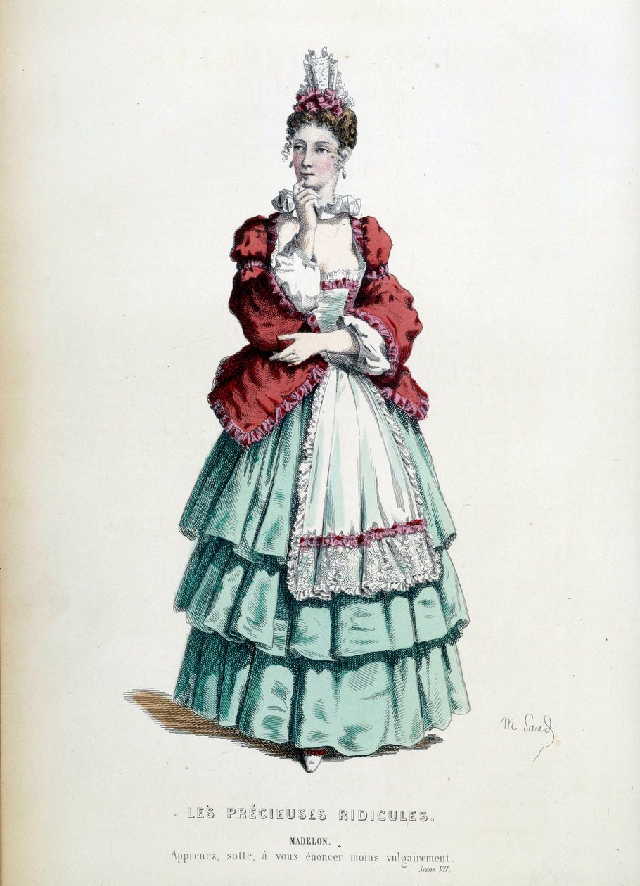 मौरिस सैंड (1823-1889) द्वारा सचित्र जीन बैप्टिस्ट पॉक्वेलिन डिट मोलिरे द्वारा "लेस प्रीसीज़ रिक्यूल्स" के टुकड़े में मैडेलन की पोशाक। १८६८. पेरिस, फ्रेंच कॉमेडी द्वारा मौरिस रेत