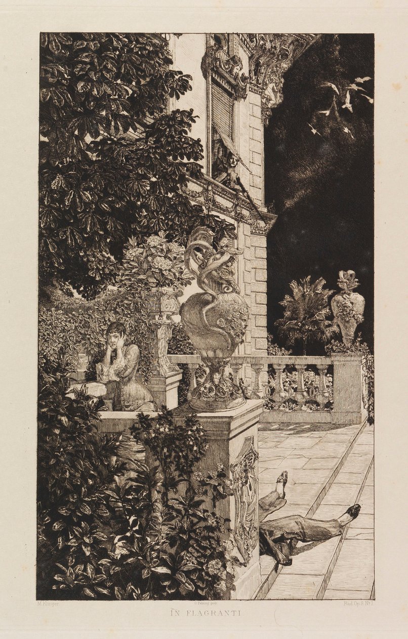 फ़्लैगरांटी में, ड्रामा से, ओपस IX ड्रामामेन, ओपस IX, 1883। द्वारा मैक्स क्लिंगर