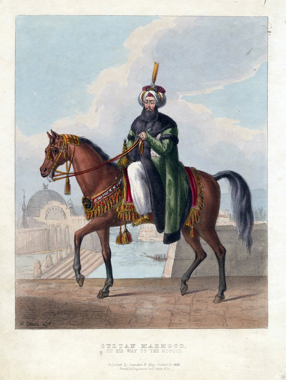 महमूद II (1785-1839) (महमूद II), तुर्क साम्राज्य के सुल्तान का पोर्ट्रेट - ओउवरे डी एम। गौसी (सक्रिय 19 वीं शताब्दी) - 1829 - रंग लिथोग्राफ - 26x20 - निजी संग्रह द्वारा मैक्सिम गौसी