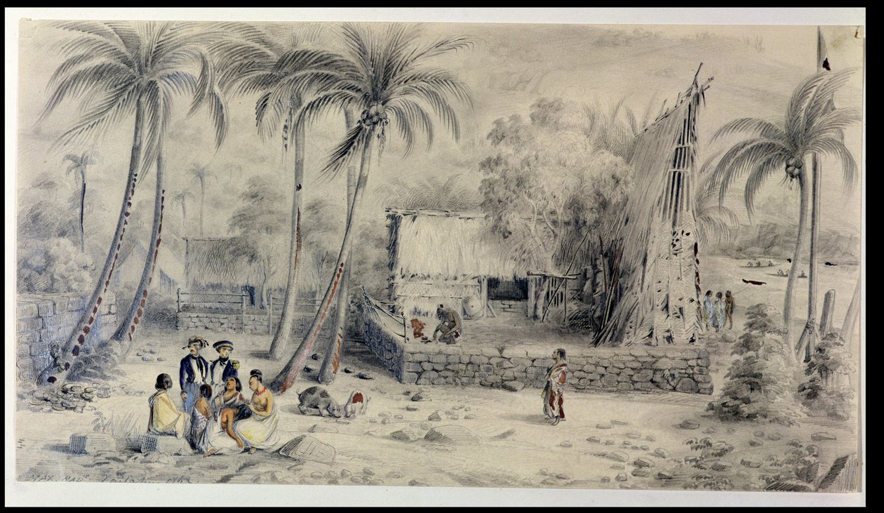 ताहिती में मूल गांव, c.1841-48 (कागज पर पेंसिल, स्याही और स्याही) द्वारा मैक्सिमिलिन रेडिगेट