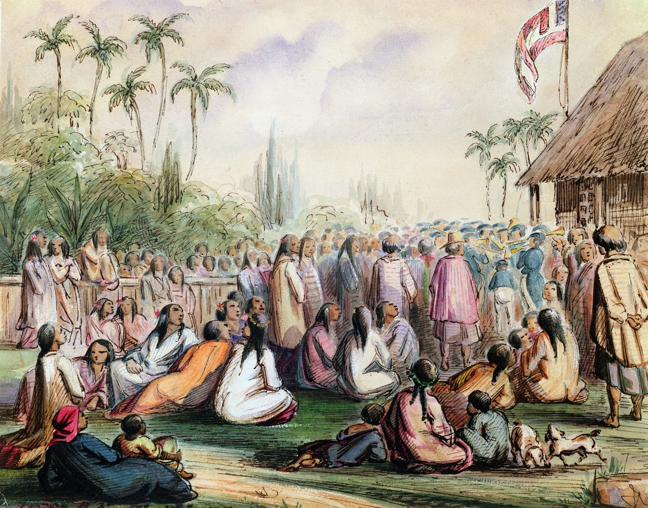 1842 में ताहिती में फ्रेंच रक्षक का मंडप, c.1842-48 (कागज पर wc और स्याही) द्वारा मैक्सिमिलिन रेडिगेट