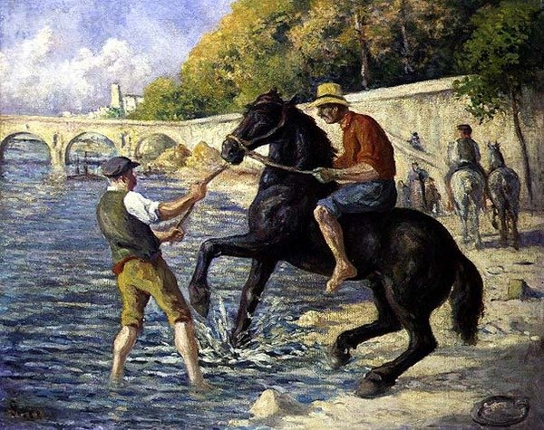 घोड़ों को नहलाना, c.1910 (कैनवास पर तेल) द्वारा मैक्सिमिलिन लूस