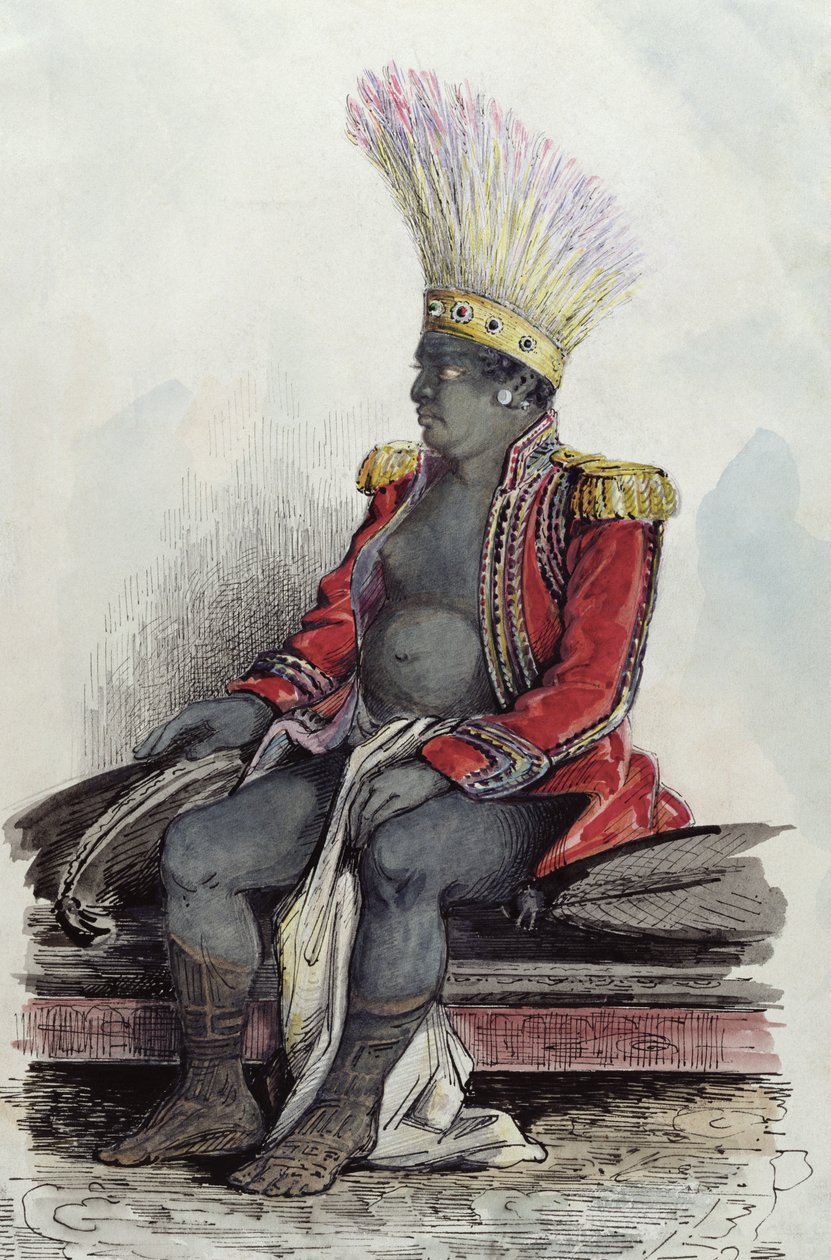 Nuka-Hiva के द्वीप पर राजा टेम्पो ने एक फ्रांसीसी कर्नल की वर्दी पहनी, c.1841-48 (कागज पर कलम, स्याही और wc) द्वारा मैक्सिमिलिन रेडिगेट