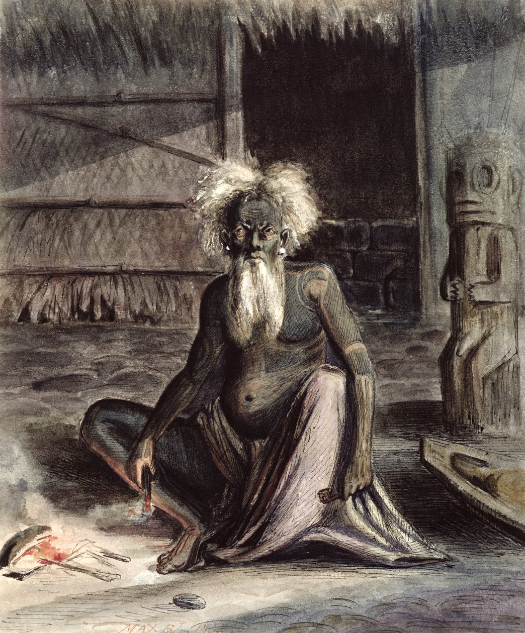 ताहिती का बूढ़ा आदमी टिक्की के पास बैठा, c.1841-48 (कागज पर पेन und स्याही und wc) द्वारा मैक्सिमिलिन रेडिगेट