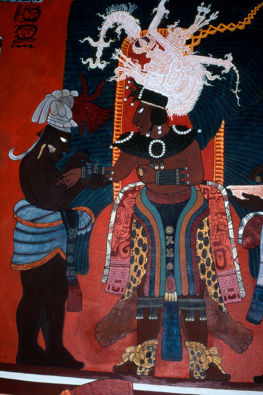 एक मंदिर के एक भृत्य को शासक के रूप में दिखाते हुए एक भित्ति का प्रजनन, मर्सल्स मंदिर, बोनामक (दीवार पेंटिंग) से द्वारा माया