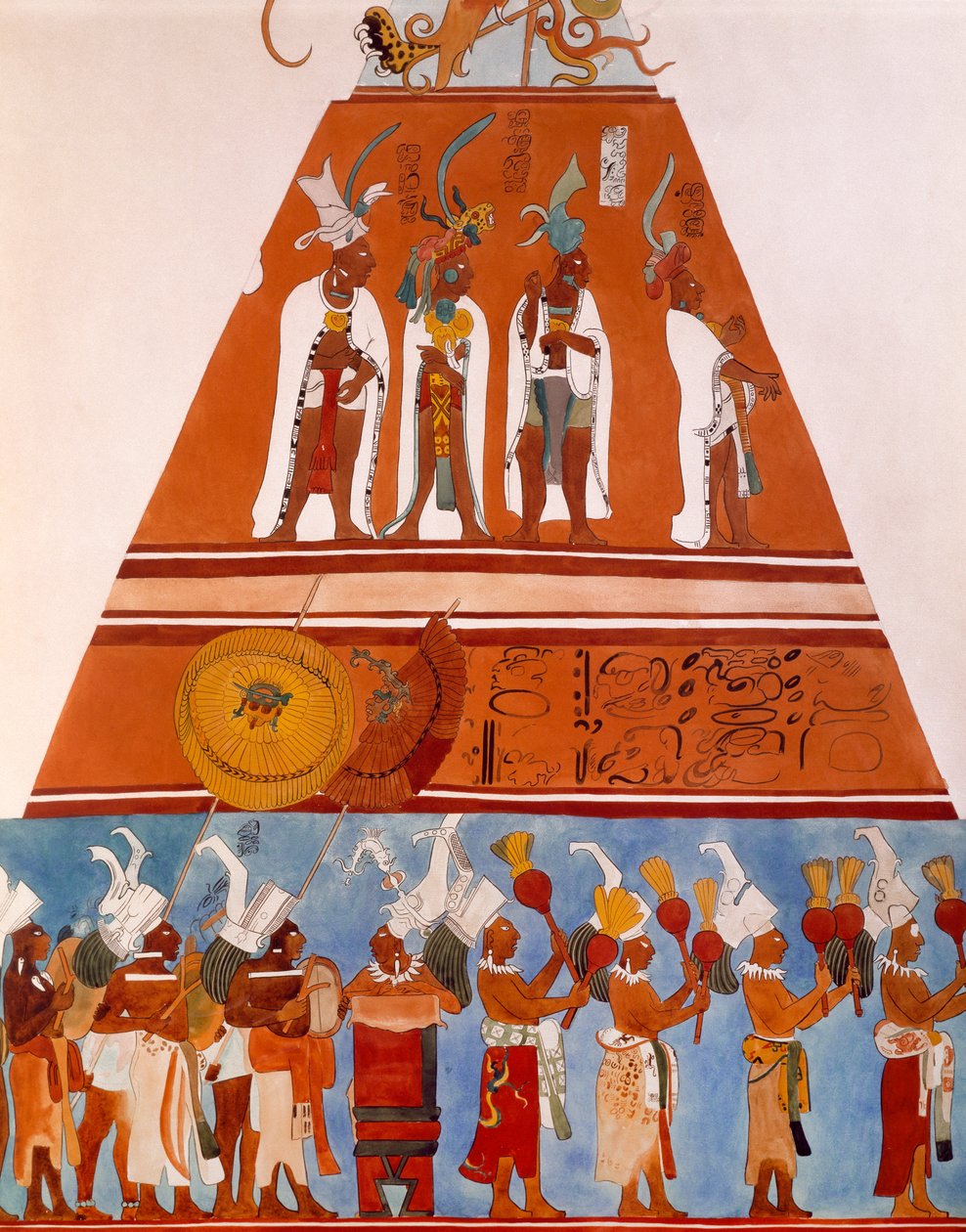 बोनम्पक, चियापास (मेक्सिको) में भित्तिचित्र। जुलूस का एक दृश्य दिखाते हुए विवरण। माया सभ्यता, 9वीं शताब्दी। द्वारा माया