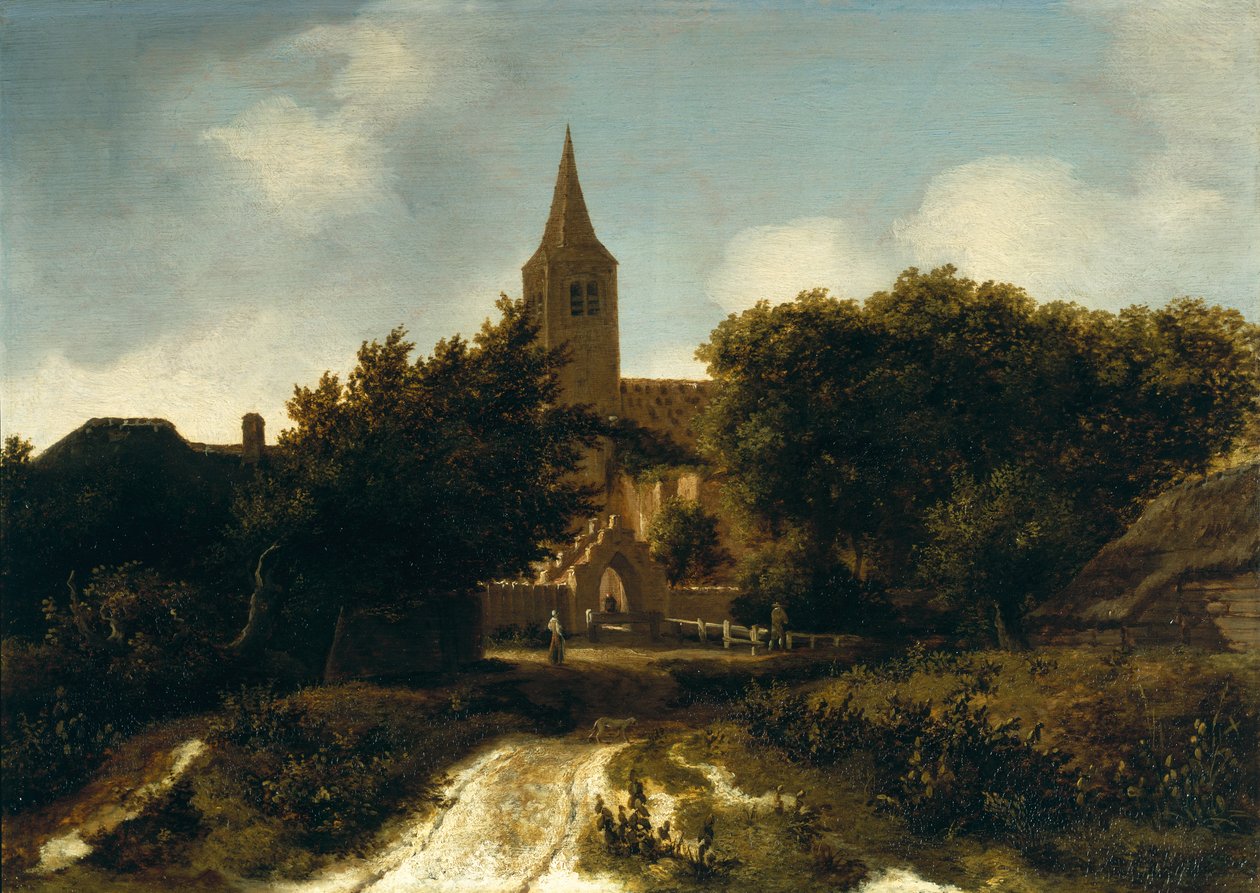 चर्च के पास आंकड़े के साथ वुडर्ड लैंडस्केप, c.1660 द्वारा मेइंडर्ट हॉबेमा