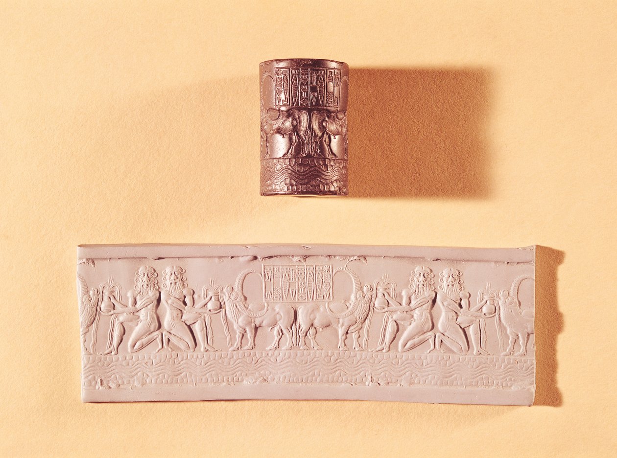 अकाडियन सिलेंडर सील और शर-काली-शररी की छाप (c.2217-c.2193 ईसा पूर्व) अक्कड़ के राजा, मेसोपोटामिया, c.2340-2100 ईसा पूर्व (संगमरमर) द्वारा मेसोपोटेमिया