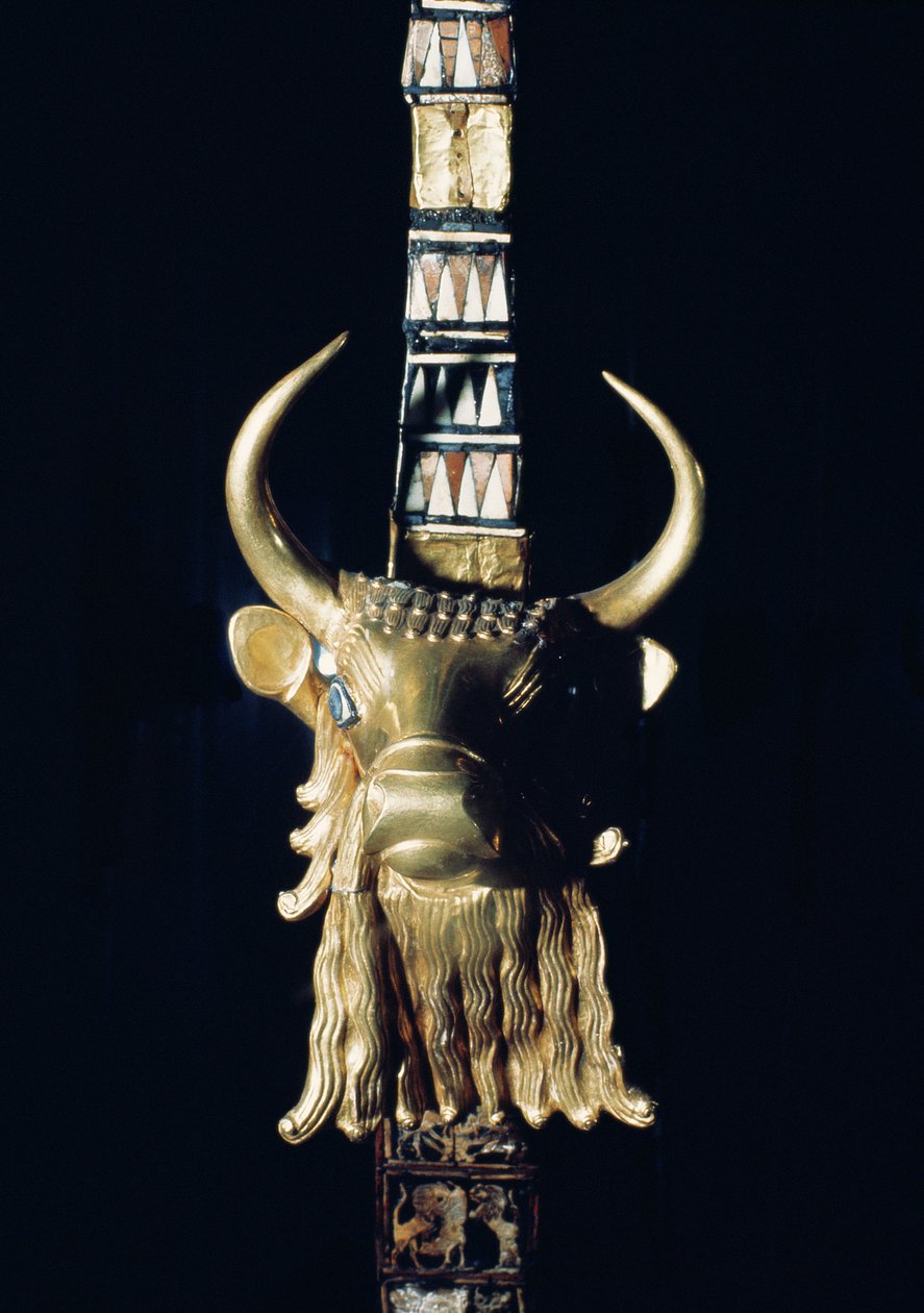 एक बैल का सिर, एक वीणा से सजावट, 2800-2300 ईसा पूर्व (सोने की लकड़ी) (198659 देखें) द्वारा मेसोपोटेमिया