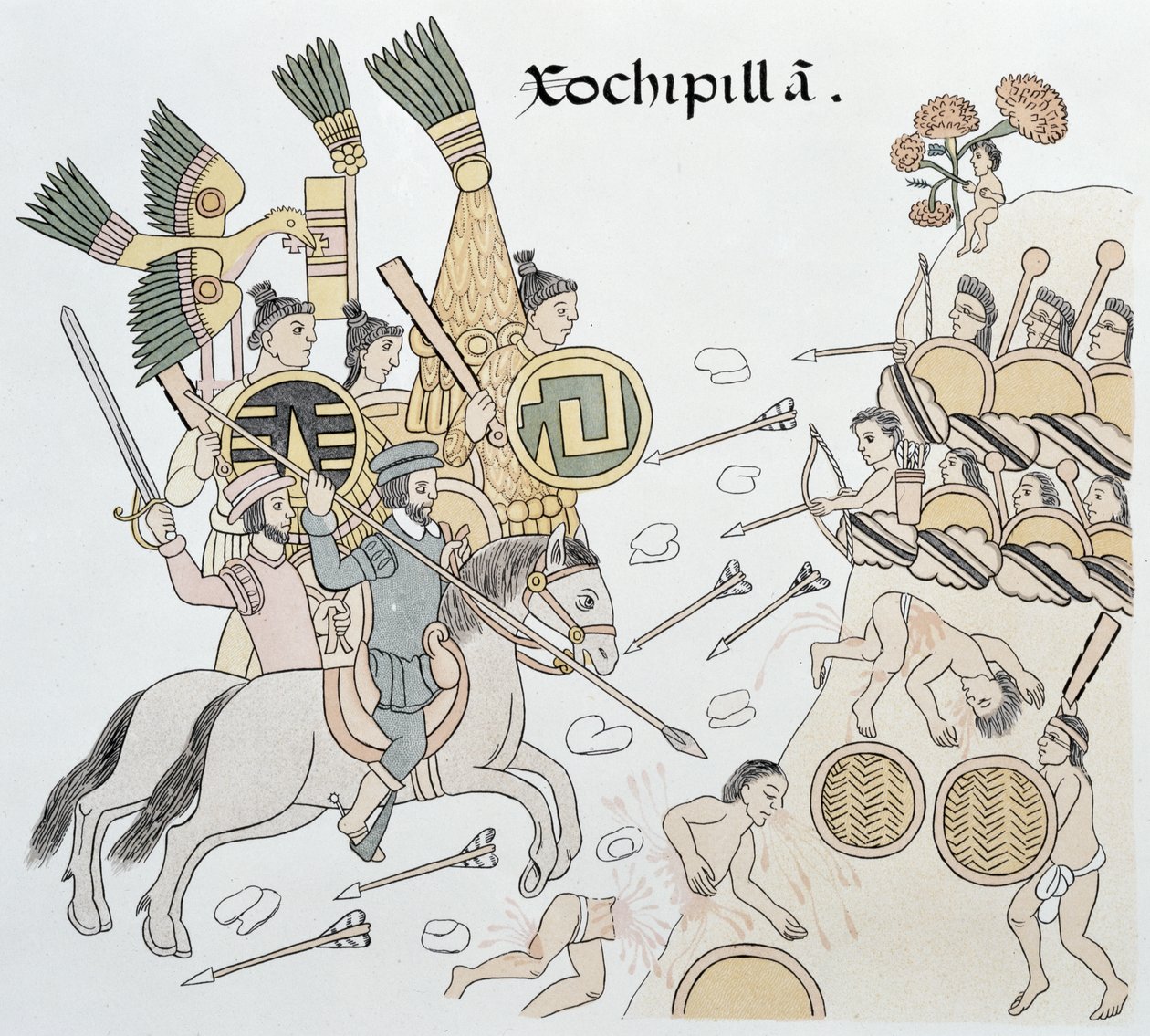 स्पैनिश और एज़्टेक के बीच Xochipilla की लड़ाई, एक मैक्सिकन भारतीय चित्र इतिहास की एक व्याख्या से चित्रण Lienzo de Tlaxcala of c.1550, 1892 द्वारा मैक्सिकन स्कूल