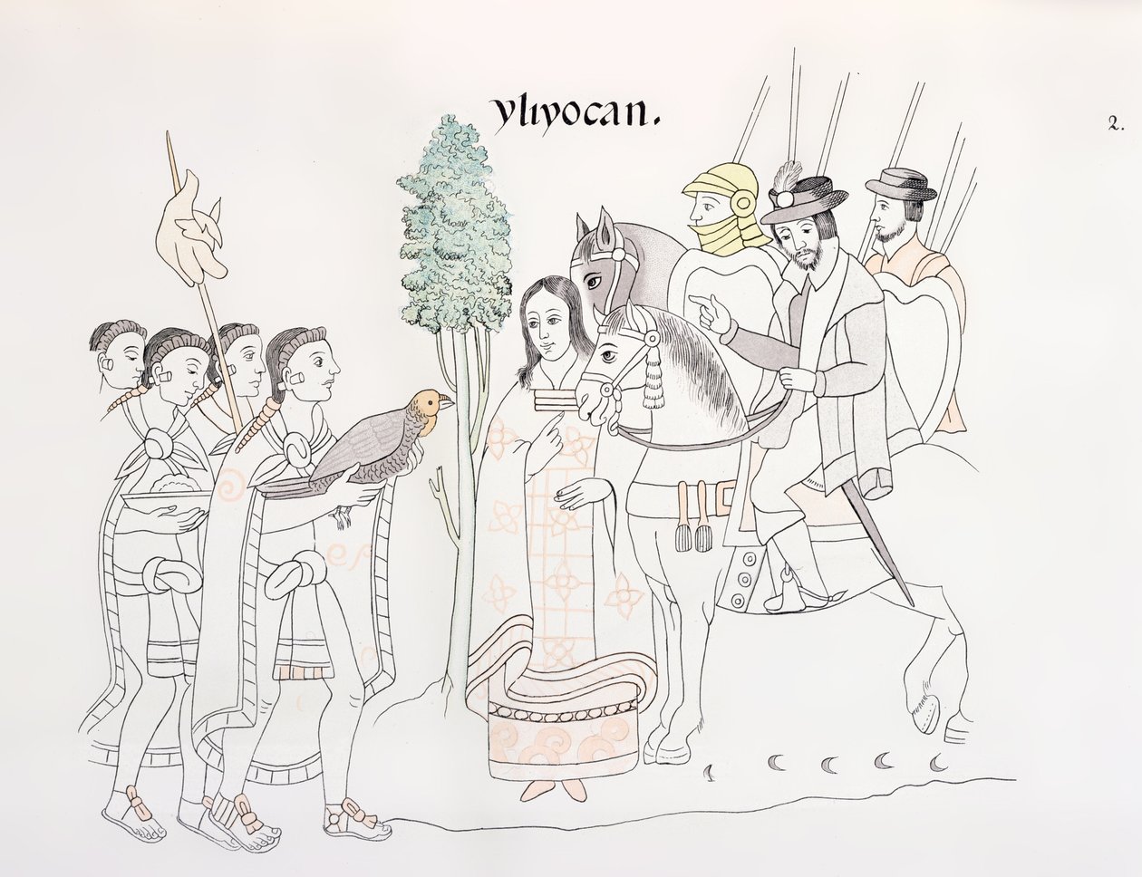 हर्नान्डो कोर्टेस (1485-1547) और एज़्टेक की बैठक, एक मैक्सिकन भारतीय चित्र इतिहास की धारणा से चित्रण c.1550, 1892 के Lienzo de Tlaxcala द्वारा मैक्सिकन स्कूल