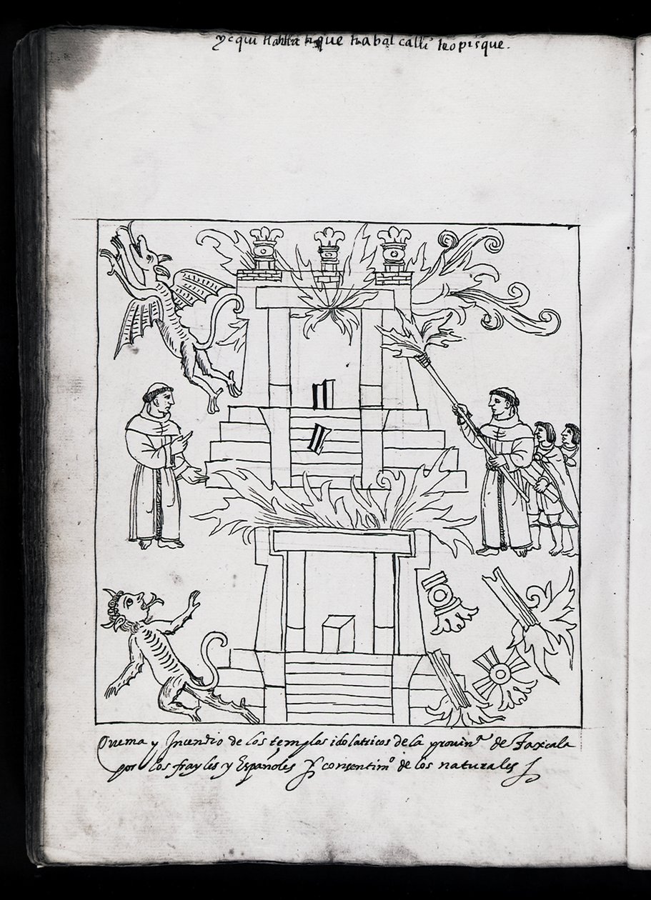 मिसिसिपी हंटर 242 f.240v फ्रांस के जलते हुए मंदिर, डिएगो मुनोज़ कैमरगो द्वारा हिस्टोरिया डे ट्लास्काला का चित्र द्वारा मैक्सिकन स्कूल