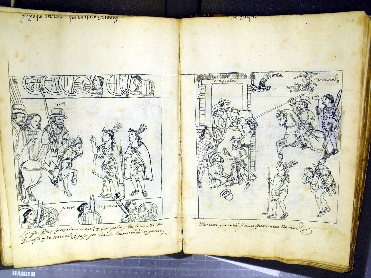 सुश्री हंटर 242 f.257v और f.258r, डिएगो मुनोज़ कैमार्गो द्वारा 'हिस्टोरिया डे त्लाक्सकाला' से (कागज पर कलम और स्याही) द्वारा मैक्सिकन स्कूल