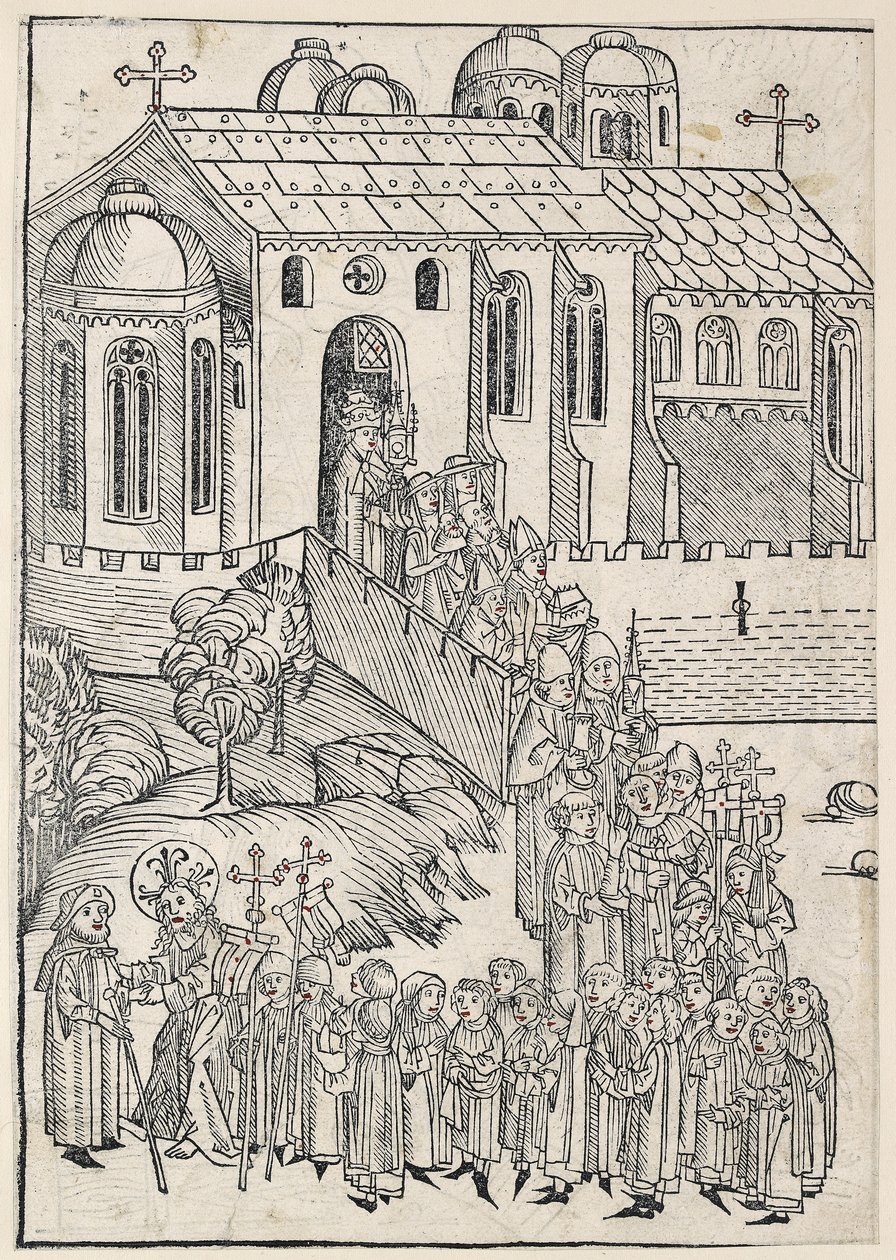 मसीह एक तीर्थयात्री का अभिवादन करता है, c.1491 द्वारा माइकल वोल्गेमुट