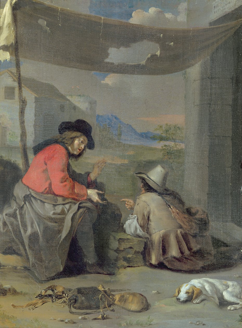एक कुत्ते के साथ बैठे दो आंकड़े (तेल पर तेल) द्वारा माइकल (Attr। To) Sweerts