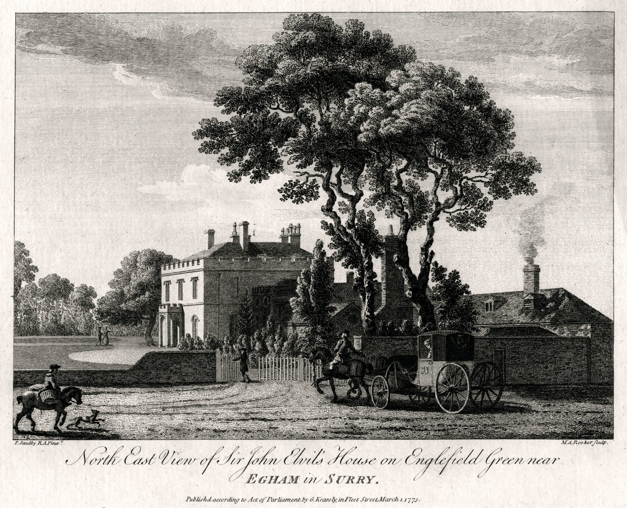 1775 में सरी में एगहम के पास एंगलफील्ड ग्रीन पर सर जॉन एल्विल्स हाउस का नॉर्थ ईस्ट व्यू द्वारा माइकल एंजेलो रूकर