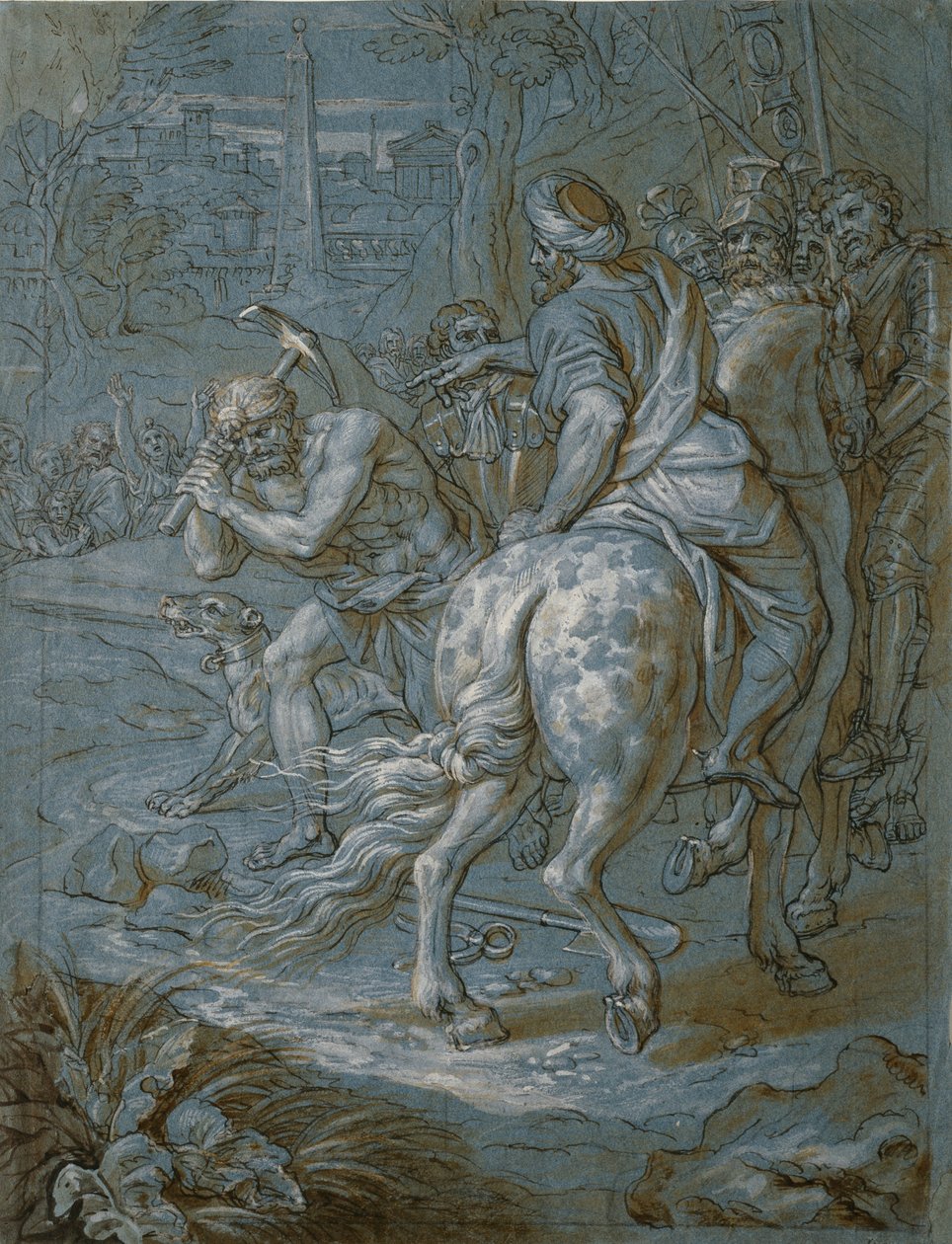 क्रॉसिंग के निर्माण के लिए ब्रेकिंग ग्राउंड, c.1680 (कागज पर वॉश और गौचे के साथ पेन और ब्राउन स्याही) द्वारा मिशेल देस टेपेस्ट्रीस कोर्निल