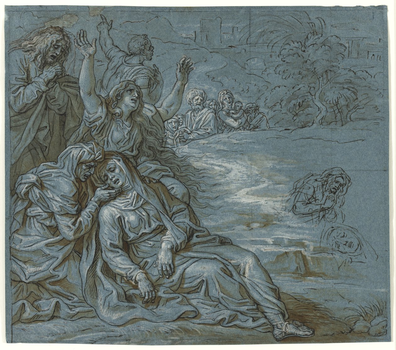 विलाप, c.1680 (कागज पर पेंसिल से धोने के साथ कलम और स्याही) द्वारा मिशेल देस टेपेस्ट्रीस कोर्निल