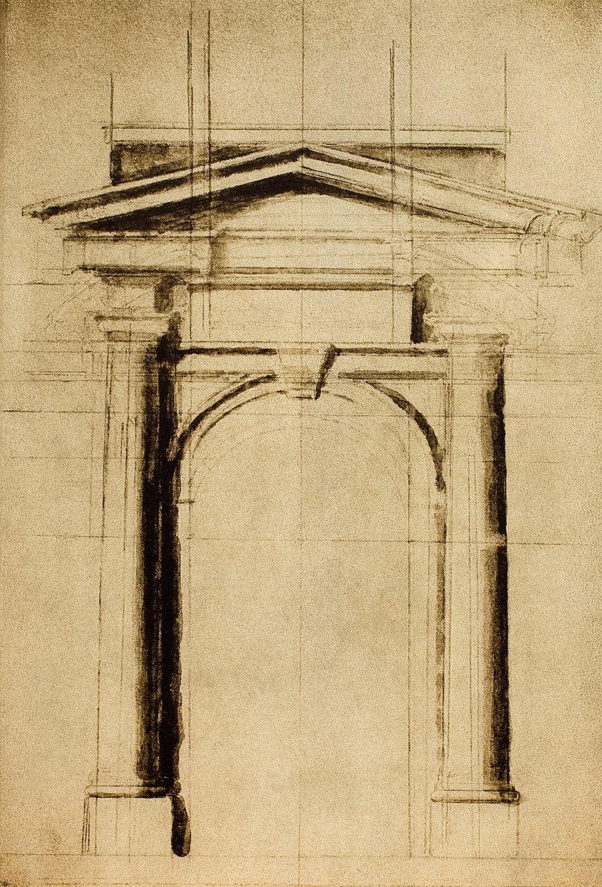एक त्रिकोणीय tympanum के साथ एक दरवाजे का वास्तुशिल्प अध्ययन; माइकल एंजेलो द्वारा ड्राइंग। कासा बूनारोटी, फ्लोरेंस द्वारा माइकल एंजेलो बुओनारोती