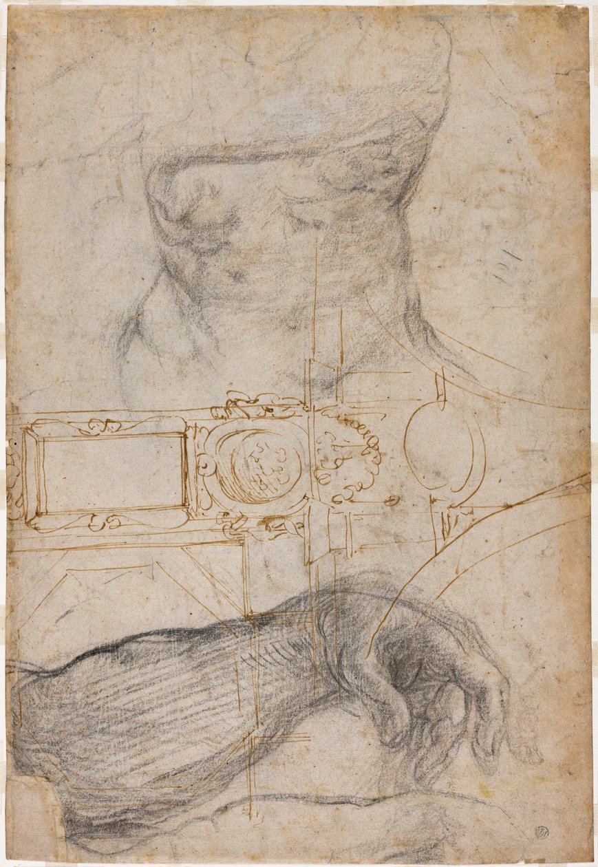सिस्टिन चैपल की छत की सजावट के लिए योजना, c.1508 (क्रीम पेपर पर कलम और भूरी स्याही और काली चाक) द्वारा माइकल एंजेलो बुओनारोती