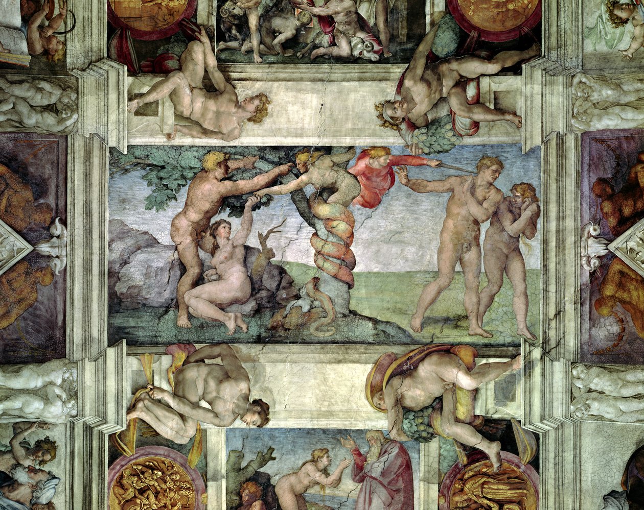 सिस्टिन चैपल सीलिंग (1508-12): ईडन गार्डन से एडम और ईव का निष्कासन (पूर्व बहाली) द्वारा माइकल एंजेलो बुओनारोती