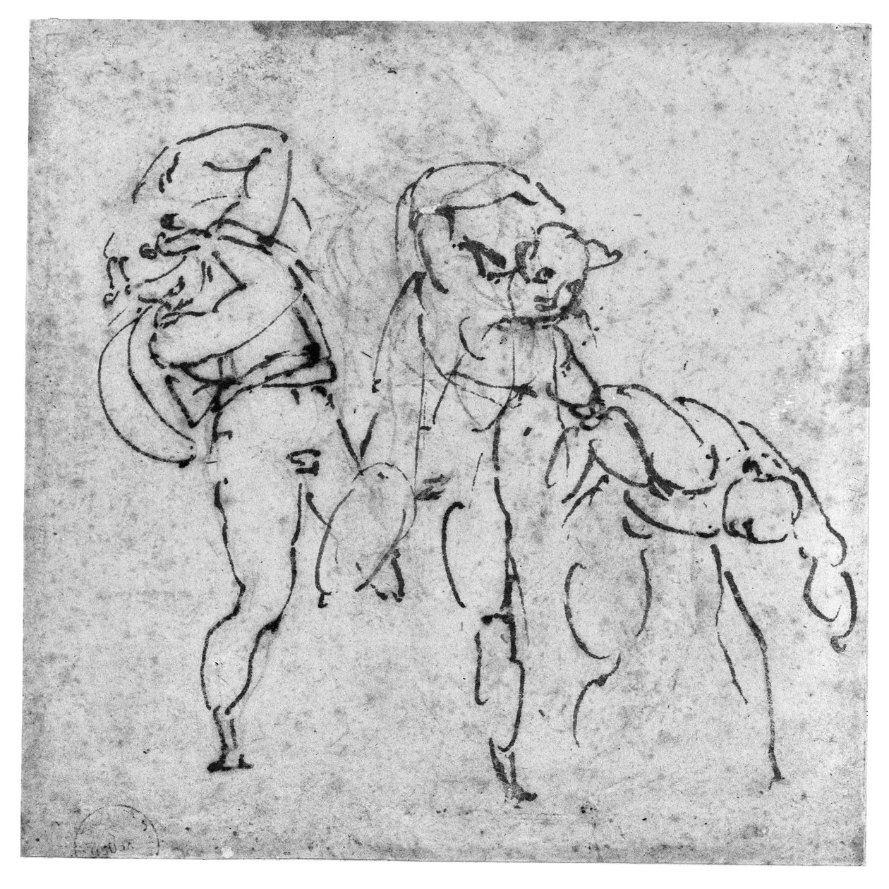 थ्री फिगर्स का अध्ययन, c.1517-20 (ऑफ-व्हाइट पेपर पर लीड पॉइंट पर पेन और ब्राउन स्याही) द्वारा माइकल एंजेलो बुओनारोती