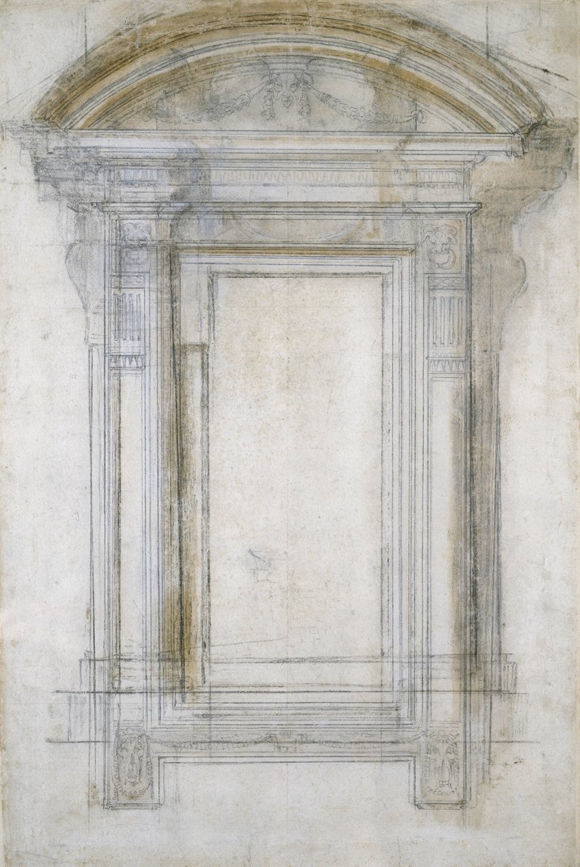 सेमी-सर्कुलर गेबल के साथ विंडो का अध्ययन, c.1546 (कागज पर काला चॉक und धो) द्वारा माइकल एंजेलो बुओनारोती