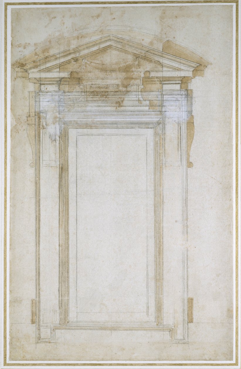 त्रिकोणीय गैबल के साथ एक खिड़की का अध्ययन, c.1546 (काले चाक, धोने, कागज पर स्याही न डालें) द्वारा माइकल एंजेलो बुओनारोती