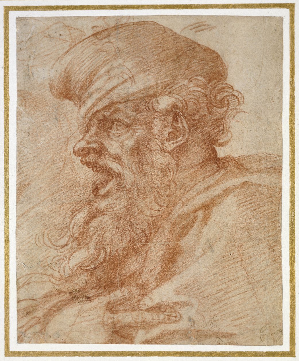 एक दाढ़ी वाले आदमी का सिर हिलाना, c.1525 (कागज पर लाल चाक) द्वारा माइकल एंजेलो बुओनारोती
