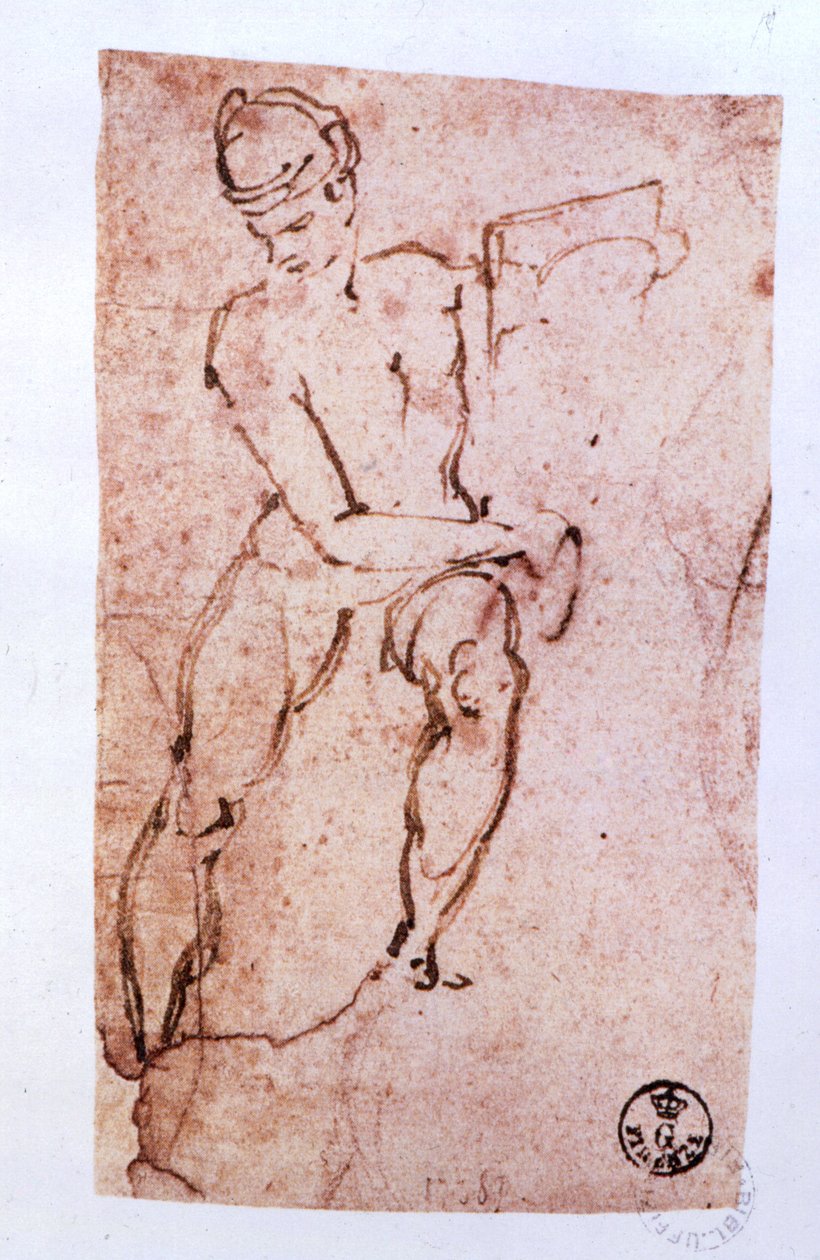 सिस्टिन चैपल सीलिंग (1508-12): एक प्रेरित का स्केच (पेन और ब्राउन स्याही) द्वारा माइकल एंजेलो बुओनारोती