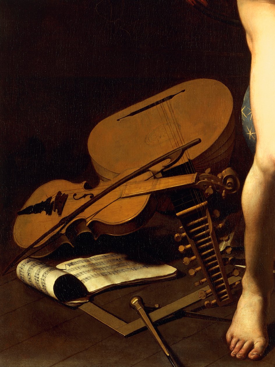 संगीत वाद्ययंत्रों का प्रतिनिधित्व, अमोर विक्टोरियस का विवरण, c.1602 (कैनवास पर तेल) द्वारा माइकल एंजेलो मर्सी दा कारवागियो