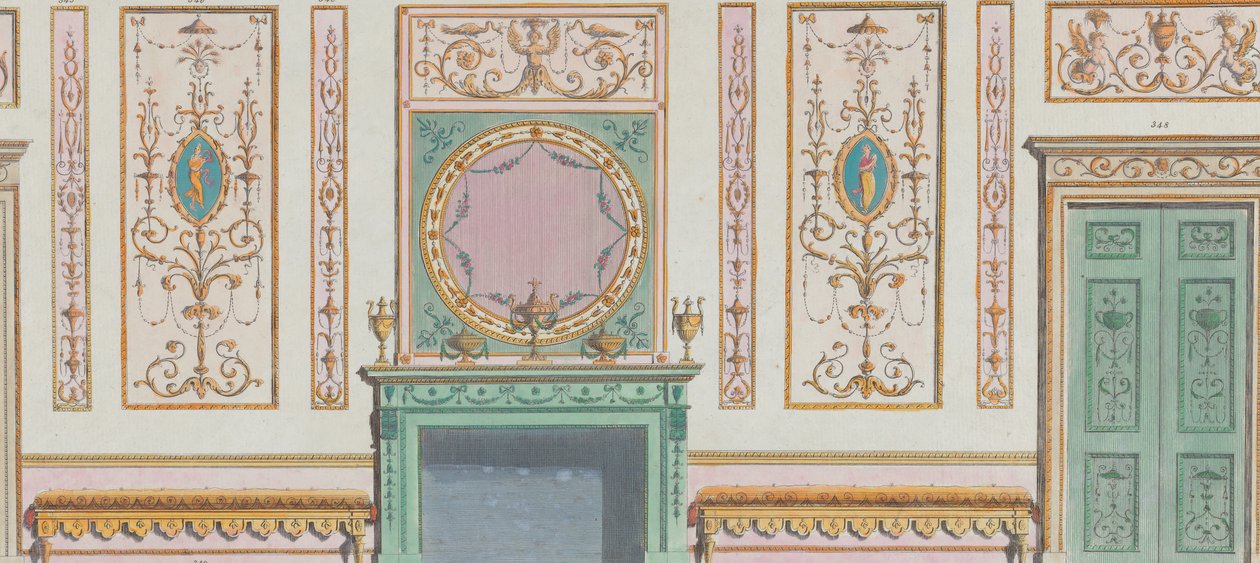 दरवाजे और चिमनी के साथ आंतरिक अलंकृत दीवार, संख्या। 344-350..., 20 मार्च, 1785। द्वारा माइकल एंजेलो पेर्गोल्सी