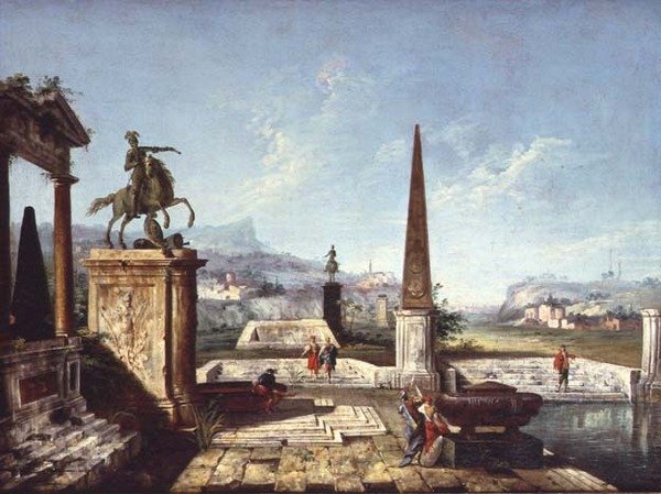 शास्त्रीय स्मारकों का एक Capriccio, एक पूल और पहाड़ों से परे सैनिकों के साथ एक ओबिलिस्क (कैनवास पर तेल) द्वारा मिशेल मारिच्ची